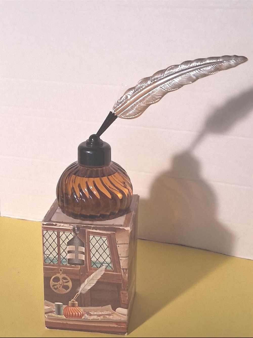 Vintage Avon Smokey Purple Glass Aftershave Container with Silver Feather Pen